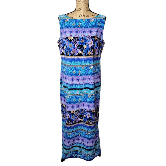 KATHIE LEE Vintage Women's Floral Striped Graphic Maxi Dress Size Large Blue - Picture 1 of 13